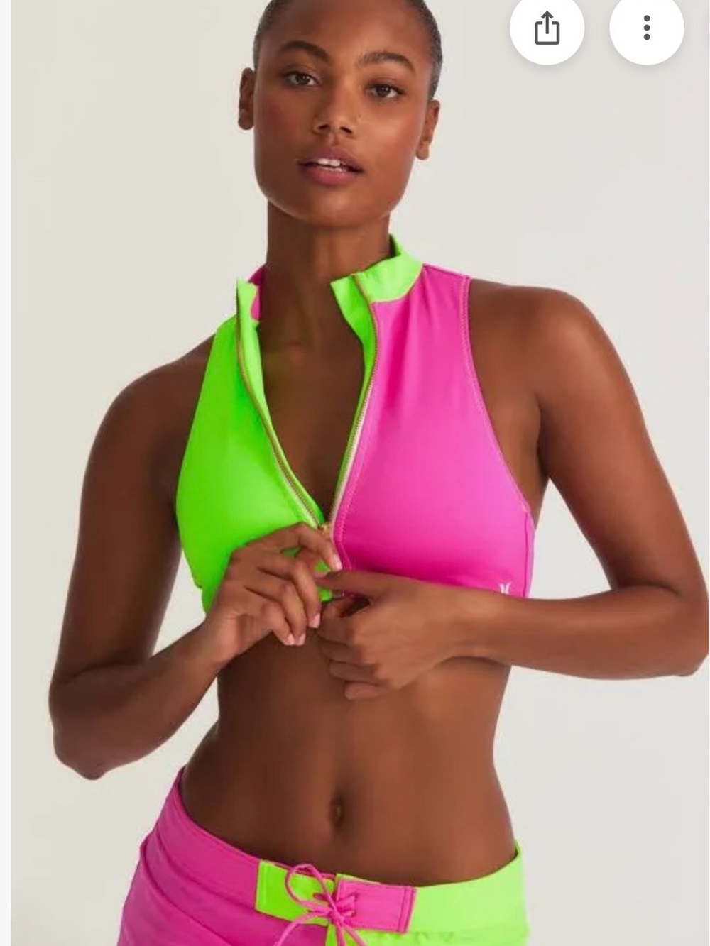 LoveShackFancy X Hurley High Neck Zipper Bikini Top Small Neon Pink and Lime